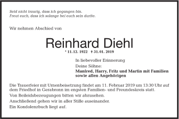 Traueranzeige von Reinhard Diehl von Hohenloher Tagblatt