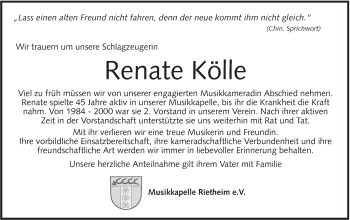 Traueranzeige von Renate Kölle von Alb-Bote/Metzinger-Uracher Volksblatt