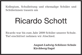 Traueranzeige von Ricardo Schott von Hohenloher Tagblatt