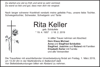 Traueranzeige von Rita Keller von SÜDWEST PRESSE Ausgabe Ulm/Neu-Ulm