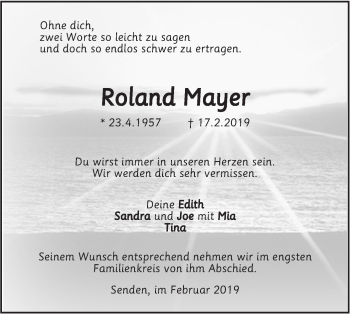 Traueranzeige von Roland Mayer von SÜDWEST PRESSE Ausgabe Ulm/Neu-Ulm