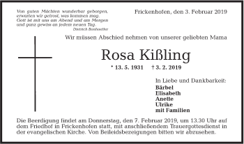 Traueranzeige von Rosa Kißling von Rundschau Gaildorf