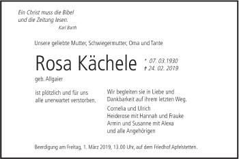 Traueranzeige von Rosa Kächele von Alb-Bote/Metzinger-Uracher Volksblatt