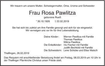 Traueranzeige von Rosa Pawlitza von SÜDWEST PRESSE Ausgabe Ulm/Neu-Ulm