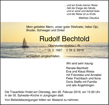 Traueranzeige von Rudolf Bechtold von Hohenzollerische Zeitung