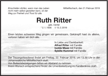 Traueranzeige von Ruth Ritter von Haller Tagblatt