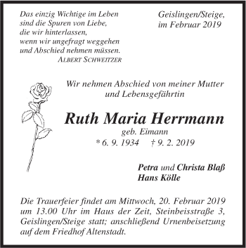 Traueranzeige von Ruth Maria Herrmann von Geislinger Zeitung