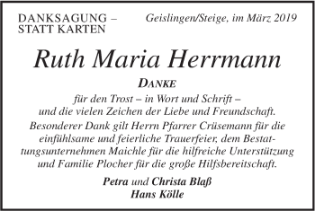 Traueranzeige von Ruth Maria Herrmann von Geislinger Zeitung