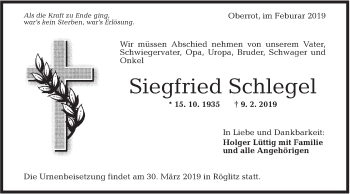 Traueranzeige von Siegfried Schlegel von Rundschau Gaildorf