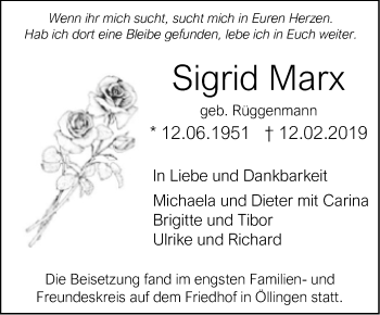 Traueranzeige von Sigrid Marx von SÜDWEST PRESSE Ausgabe Ulm/Neu-Ulm