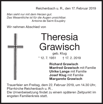 Traueranzeige von Theresia Grawisch von NWZ Neue Württembergische Zeitung