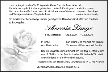 Traueranzeige von Theresia Lange von Haller Tagblatt