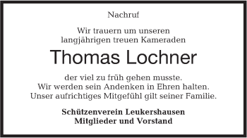 Traueranzeige von Thomas Lochner von Hohenloher Tagblatt