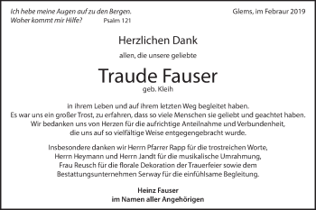 Traueranzeige von Traude Fauser von Metzinger-Uracher Volksblatt