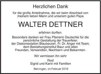 Traueranzeige von Walter Dettner von SÜDWEST PRESSE Ausgabe Ulm/Neu-Ulm