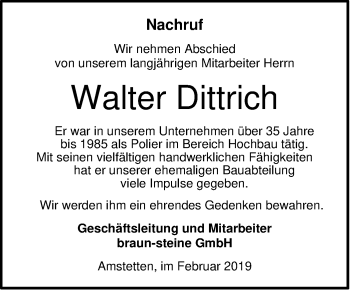 Traueranzeige von Walter Dittrich von SÜDWEST PRESSE Ausgabe Ulm/Neu-Ulm