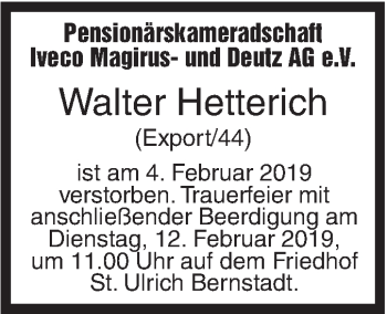 Traueranzeige von Walter Hetterich von SÜDWEST PRESSE Ausgabe Ulm/Neu-Ulm