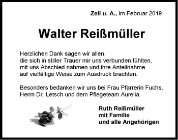 Traueranzeige von Walter Reißmüller von NWZ Neue Württembergische Zeitung