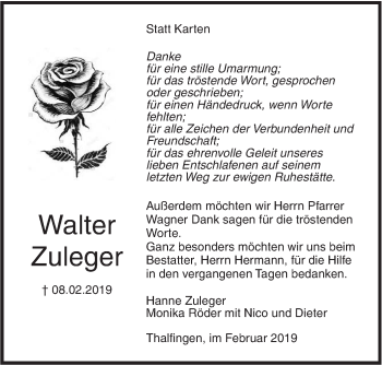 Traueranzeige von Walter Zuleger von SÜDWEST PRESSE Ausgabe Ulm/Neu-Ulm