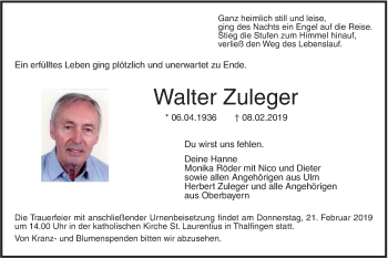 Traueranzeige von Walter Zuleger von SÜDWEST PRESSE Ausgabe Ulm/Neu-Ulm