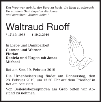 Traueranzeige von Waltraud Ruoff von Hohenloher Tagblatt