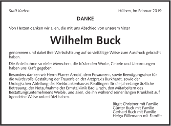 Traueranzeige von Wilhelm Buck von Metzinger-Uracher Volksblatt