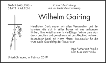 Traueranzeige von Wilhelm Gairing von Geislinger Zeitung