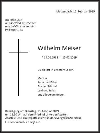 Traueranzeige von Wilhelm Meiser von Hohenloher Tagblatt