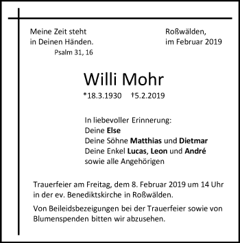 Traueranzeige von Willi Mohr von NWZ Neue Württembergische Zeitung