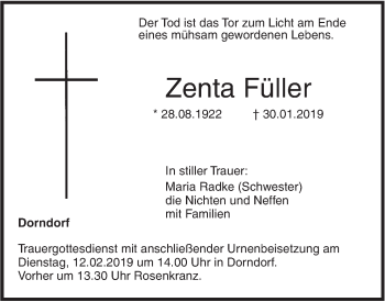 Traueranzeige von Zenta Füller von Illertal Bote