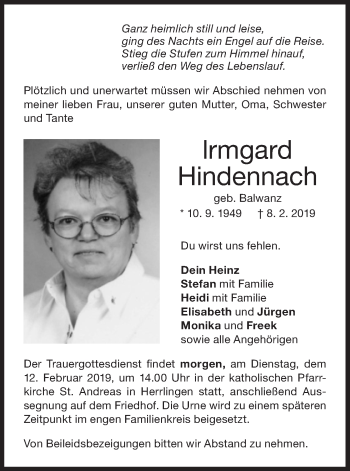 Traueranzeige von lrmgard Hindennach von SÜDWEST PRESSE Ausgabe Ulm/Neu-Ulm