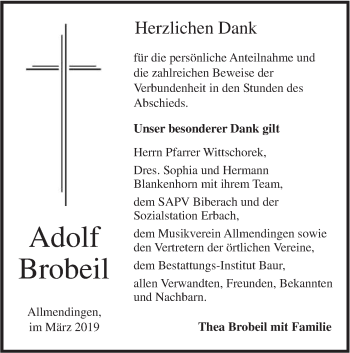 Traueranzeige von Adolf Brobeil von Ehinger Tagblatt