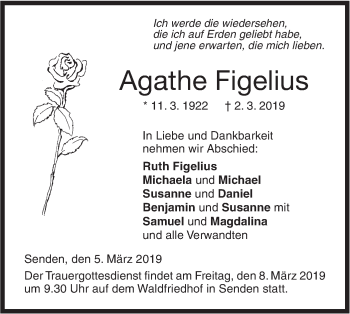 Traueranzeige von Agathe Figelius von SÜDWEST PRESSE Ausgabe Ulm/Neu-Ulm