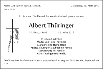 Traueranzeige von Albert Thüringer von Metzinger-Uracher Volksblatt