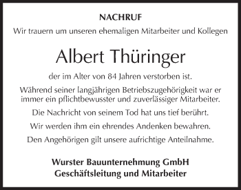 Traueranzeige von Albert Thüringer von Metzinger-Uracher Volksblatt