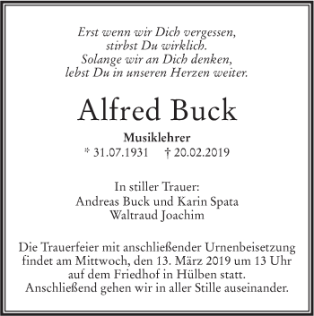 Traueranzeige von Alfred Buck von Metzinger-Uracher Volksblatt