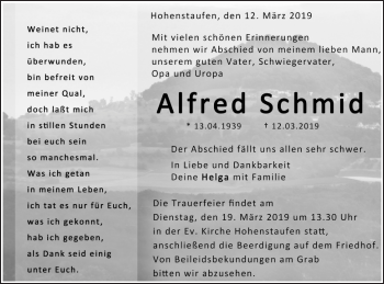 Traueranzeige von Alfred Schmid von NWZ Neue Württembergische Zeitung