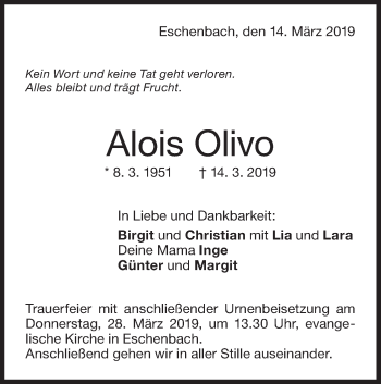 Traueranzeige von Alois Olivo von NWZ Neue Württembergische Zeitung