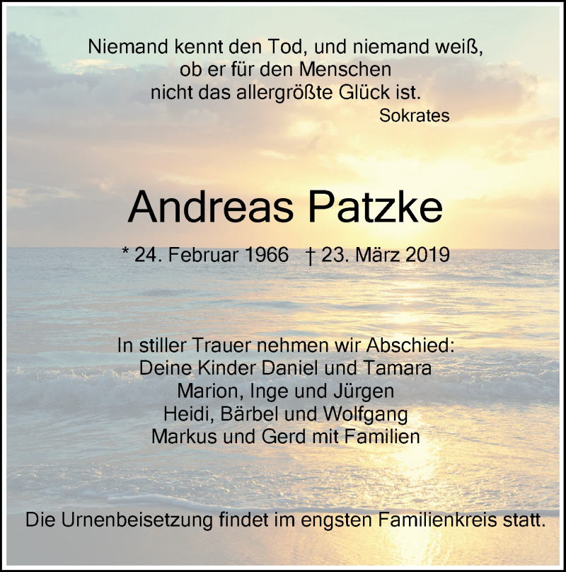  Traueranzeige für Andreas Patzke vom 30.03.2019 aus NWZ Neue Württembergische Zeitung