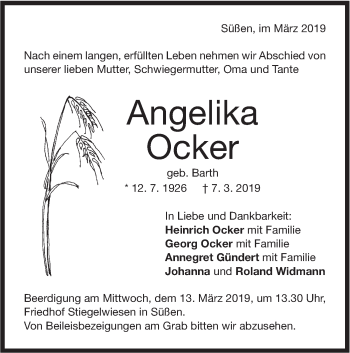 Traueranzeige von Angelika Ocker von NWZ Neue Württembergische Zeitung