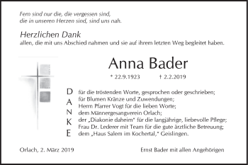 Traueranzeige von Anna Bader von Haller Tagblatt