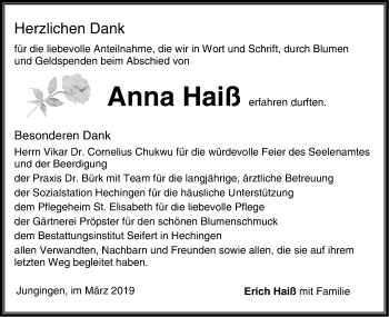 Traueranzeige von Anna Haiß von Hohenzollerische Zeitung