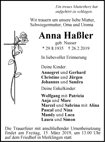 Traueranzeige von Anna Haßler von SÜDWEST PRESSE Ausgabe Ulm/Neu-Ulm