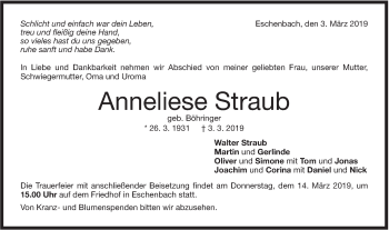 Traueranzeige von Anneliese Straub von NWZ Neue Württembergische Zeitung