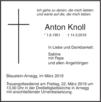 Traueranzeige von Anton Knoll von SÜDWEST PRESSE Ausgabe Ulm/Neu-Ulm