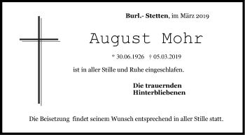 Traueranzeige von August Mohr von Hohenzollerische Zeitung