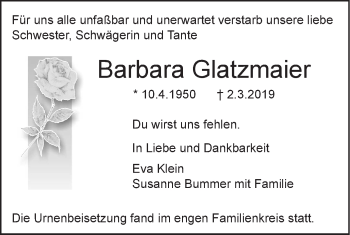 Traueranzeige von Barbara Glatzmaier von SÜDWEST PRESSE Ausgabe Ulm/Neu-Ulm