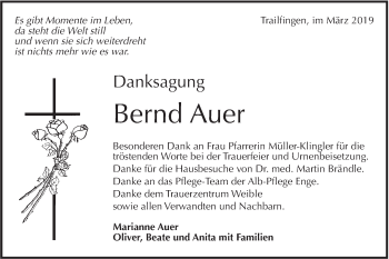 Traueranzeige von Bernd Auer von Alb-Bote/Metzinger-Uracher Volksblatt