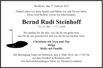 Traueranzeige von Bernd Rudi Steinhoff von Haller Tagblatt