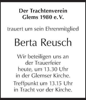 Traueranzeige von Berta Reusch von Metzinger-Uracher Volksblatt